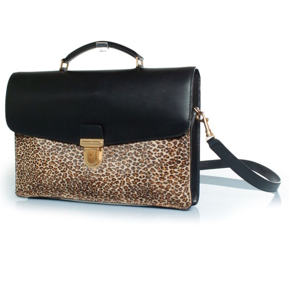 Celine, leopard print leather briefcase in black and brown